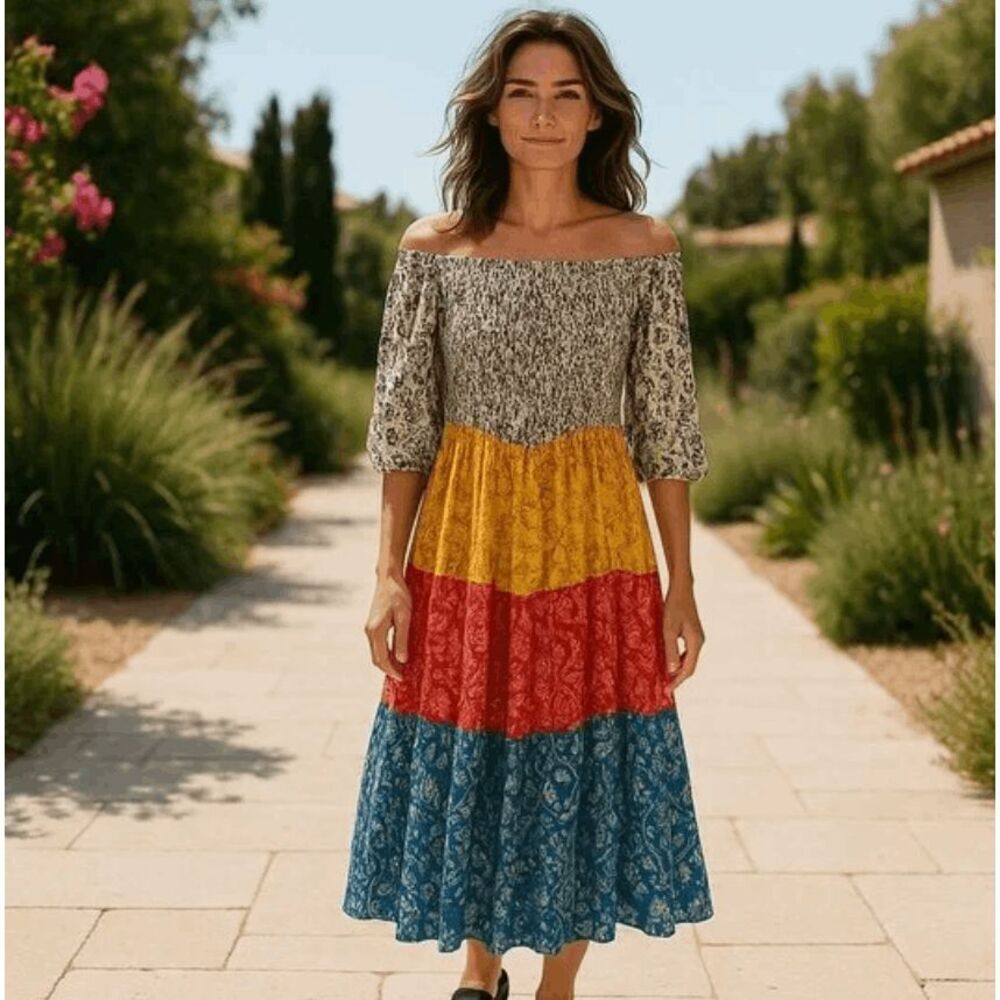 New! Cool Change Boho Jodi Dress Multicolor Meadow Floral Tiered Size Small